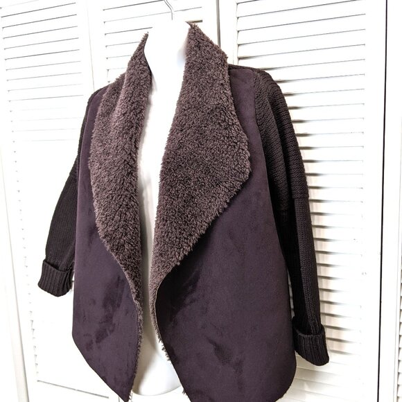 Chelsea & Theodore Brown Suede Faux Fur Open Sweater Jacket Small - Picture 1 of 9